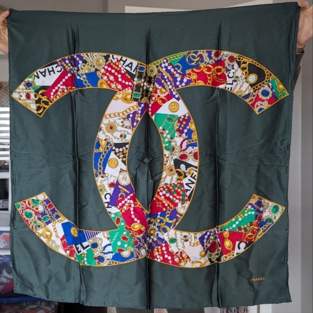 Chanel Large 100% Silk Bijoux Scarf Rare Dark Green with Jewel Monogram CC